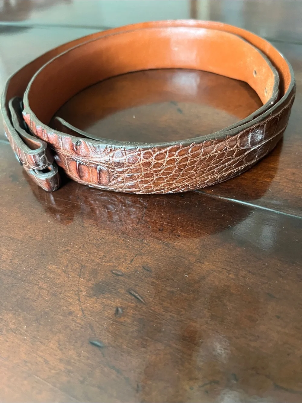 W. Kleinberg Croc-Embossed Leather Belt in Chestnut Brown